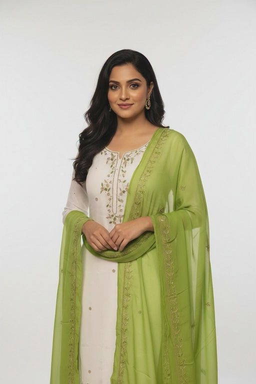 Ivory Designer Suit with Lime Green Handwork Embroidered Dupatta – Elegant Festive & Party Wear