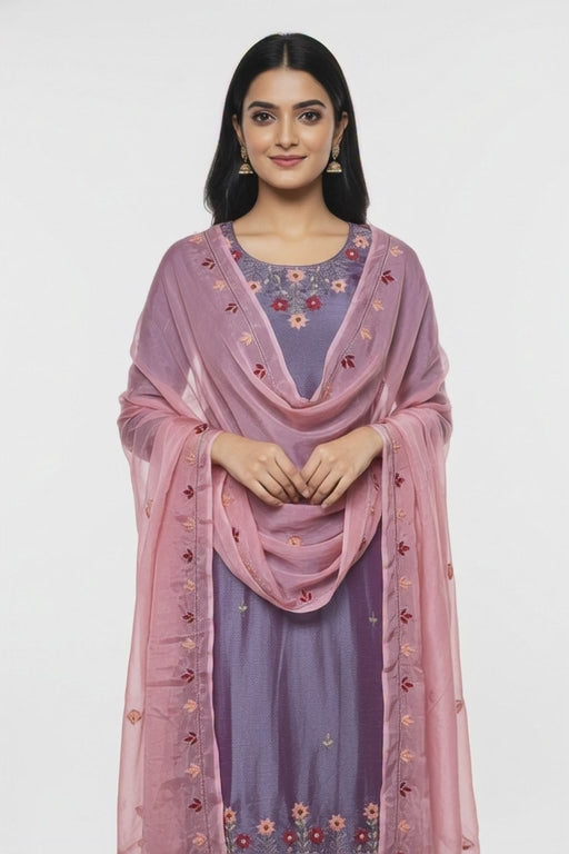 Dusty Rose Dupatta with Lavender Silk Handwork Embroidery Suit – Elegant Floral Festive Designer Wear